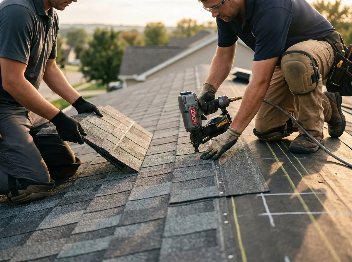 Professional roofer working on a residential roof in Minnehaha